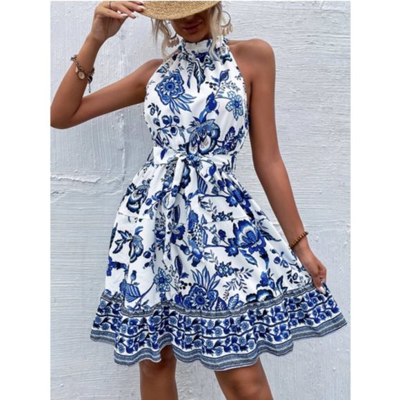 Blue And White Boho Womens Floral Print Belted Halter Dress - Picture 4 of 6
